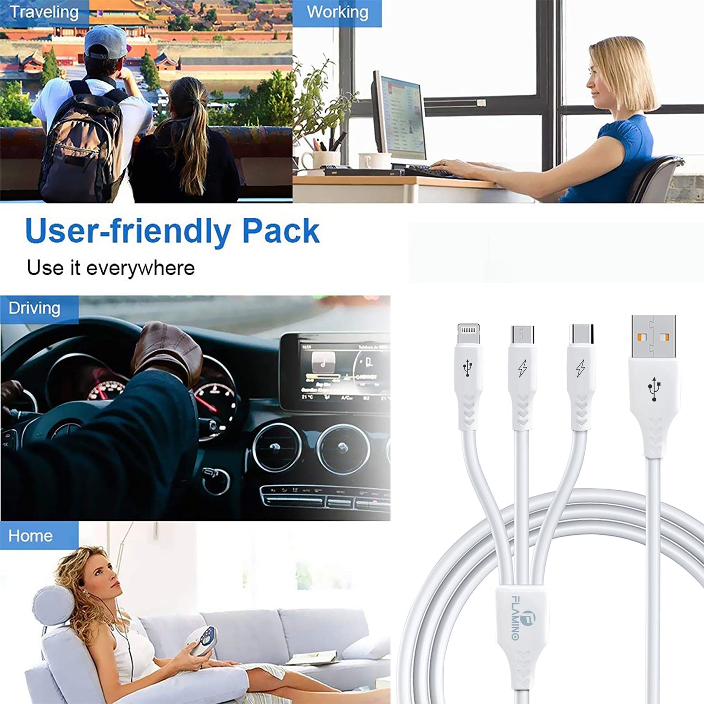 Flamino 60W 3-in-1 Multi Fast Charging Cable White