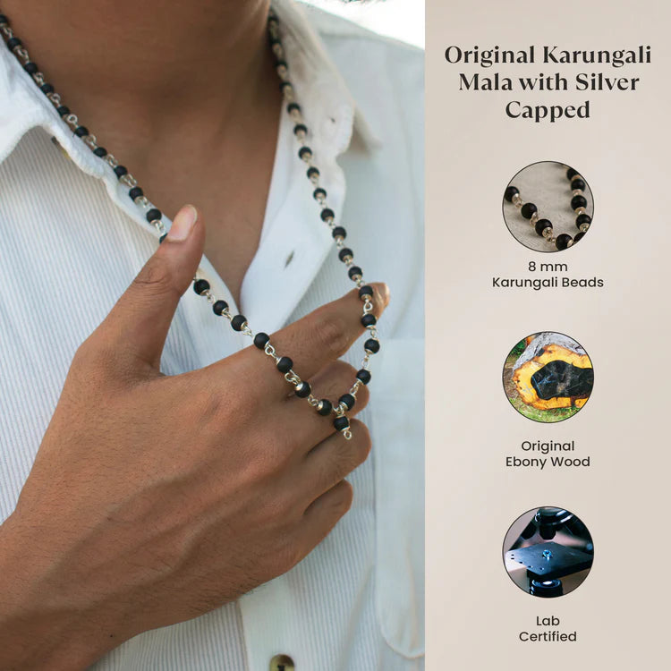 Karungali Mala Silver Plated Cap Necklace- Certified